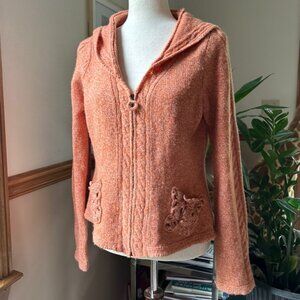 Sleeping On Snow, Anthropologie, Zip Hoodie Sweater, Orange, Crochet Pockets, XL